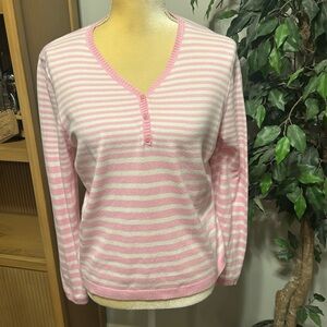 l.L. Bean Women’s Pink and White Striped V-Neck Sweater Sz M